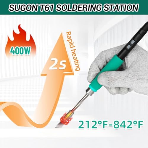 SUGON T61 400W Digital Soldering Iron Station, with C470 & C245 Handles and 6 Soldering Tips, 212°F-932°F, 2S Fast Heat, Sleep Mode, 3 Preset Channels, °C/°F, Tip Change Slots, Cleaning Sponge, LCD