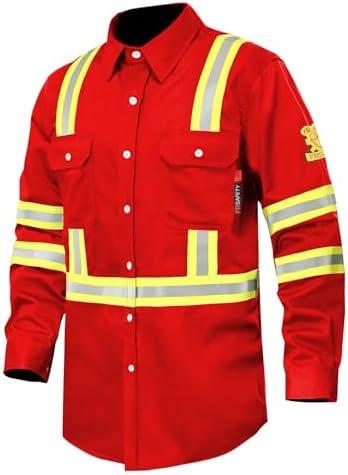 FR Shirts for Men 7oz High Visibility Fire Resistant Shirts CAT2 Welding Shirt 100% Cotton Hi Vis Flame Resistant Shirt Red(Small)