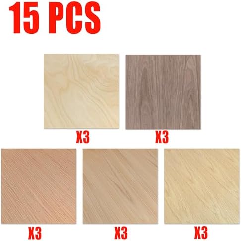 GSCIT Club 15 PCS Wood Veneer, 12 inch x 12 inch Birch, Oak, Maple, Walnut and Red Oak Wood Edge Banding Pre-glued Flexible, Veneer Tape Banding