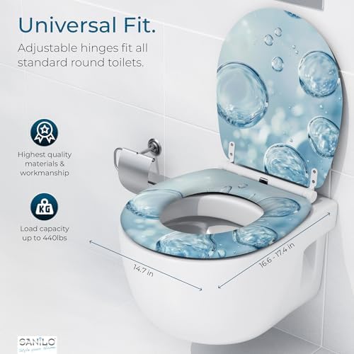 Sanilo Wooden Toilet Seat with Quick Release & Soft Close [ROUND] - Decorative & Slow Close Molded Wood Seat - With One Click for Easy Installation & Cleaning - With Adjustable Fit (Bubbles)