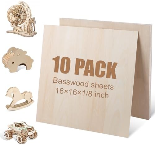 10 Pack 16x16x1/8 Inch Basswood Sheets, Large Size Basswood for Laser Cutting & Engraving, Plywood Wood Board Unfinished Wood Sheets for Crafts, DIY Architectural Models, Wood Burning and Painting.