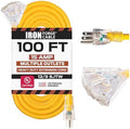 Iron Forge Cable 100ft Outdoor Extension Cord, Lighted with 3 Electrical Power Outlets - 12/3 Gauge SJTW Heavy Duty Extension Cable, Yellow, 15 AMP - 3 Pronged with Grounded Plug for Improved Safety