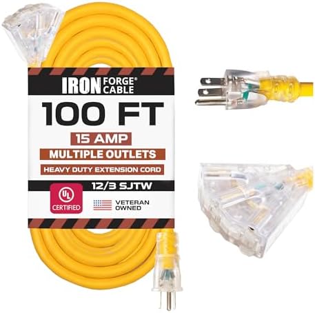 Iron Forge Cable 100ft Outdoor Extension Cord, Lighted with 3 Electrical Power Outlets - 12/3 Gauge SJTW Heavy Duty Extension Cable, Yellow, 15 AMP - 3 Pronged with Grounded Plug for Improved Safety