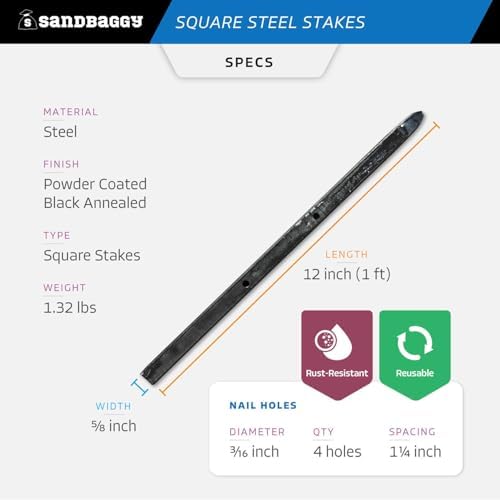 Sandbaggy 12" Square Steel Concrete Form Stakes with Nail Holes - 5/8" Wide - Rust Resistant Coating - Removable, Reusable - Construction Grade Stakes (12 inch, 200)