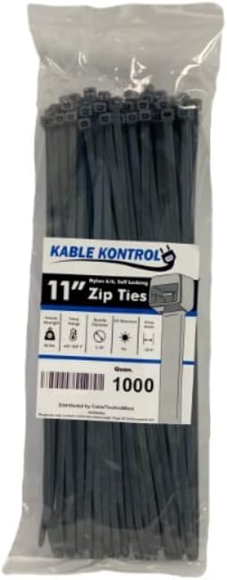 Kable Kontrol Cable Zip Ties, 11 Inch, 1000 Pcs, 50lbs Test, Gray | Nylon Plastic, Self Locking, UL Listed, Indoor Use