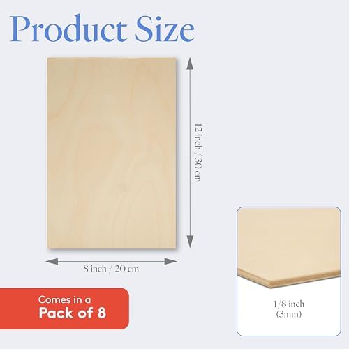 Baltic Birch Plywood, 3 mm 1/8 Craft Wood, B/BB Grade Baltic Birch Sheets, Stronger Than Basswood Sheets, Perfect for Laser, CNC Cutting and Wood Burning, by Woodpeckers (8, 12" x 8", 1/8" Thick)