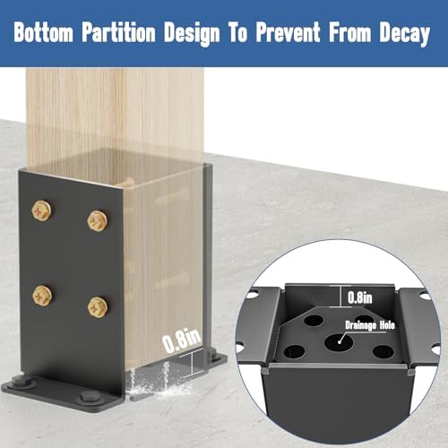 4x4 Post Base 2 Pcs, Heavy Duty Post Anchor with Anti-Corrosive Partition, Inner Size 3.5"x3.5", 13 Gauge Thick Solid Steel, Rust-Proof Powder-Coated Wood Fence Post Brackets for Support Deck, Pergola