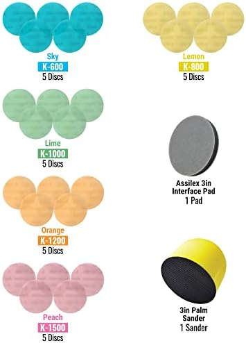 Super Assilex 3 inch Sanding Disc Starter Kit, SP7315, K600 - K1500, 25 Discs + 1 Interface Pad + Palm Sander