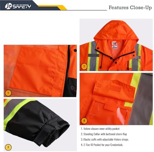 JKSafety Hi Vis Rain Jacket for Men Women Class 3 Rain Gear OBlack 3XL