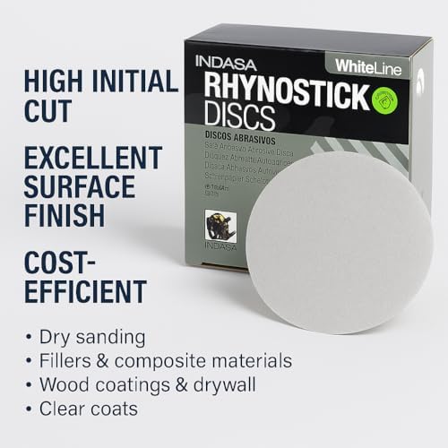 Indasa 5" Rhynostick White Line PSA Discs – Aluminum Oxide, No-Clog, Easy Release Tabs, 36-600 Grit, for Wood, Drywall & Auto Body Sanding (5 Inch Sticky Back(PSA), 400, Very Fine)
