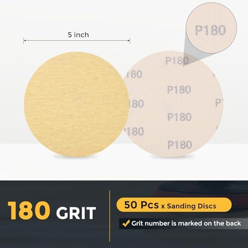 HARFINGTON 50 Pcs 5 Inch Sanding Discs 180 Grit Yellow Aluminum Oxide