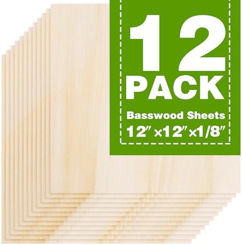 Basswood Sheets 12"x12"x1/8",3mm Basswood for Laser Cutting,Thin Plywood Board Unfinished Wood for Crafts, DIY Architectural Models Making, Wood Engraving (12inchx12inch-1/8-12Packs)
