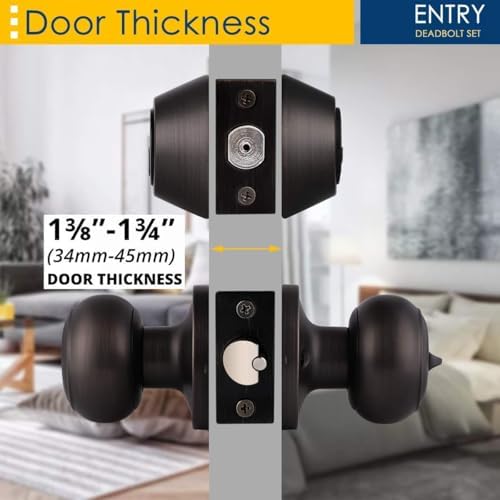 4 Pack Keyed Alike Door Knob with Double Cylinder Deadbolt Lock Set, Oil Rubbed Bronze Door Lock Sets Exterior, Round Style Door Knob Deadbolt Combination Set