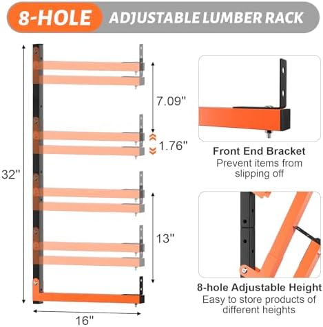 32" Lumber Storage Rack, Upgrade Folding Lumber Rack Wall Mount, Heavy Duty Adjustable Metal 8 Level Wood Storage Rack for Garage Storage Organization, 4 Packs