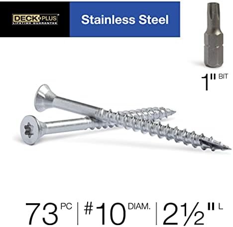 Deck Plus 2-1/2 Inch Epoxy Coated Exterior Wood and Fence Screws #10 x 2-1/2" Torx/Star Drive Included Coarse Thread, Outdoor Rust Resistant Decking Screw, Silver, 1lb Box, 73 Pieces | 48464