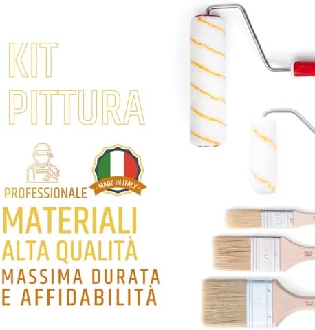 2000 | Professional Painting Kit Consisting of Large Roller and Small Roller, 3 Brushes, Plastic Tray, Paper Tape for Masking, Protective Cover 4 x 4 m – Made in Italy