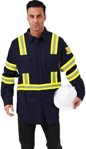FR Shirts for Men 7oz High Visibility Fire Resistant Shirts CAT2 Welding Shirt 100% Cotton Hi Vis Flame Resistant Shirt Navy(Large)