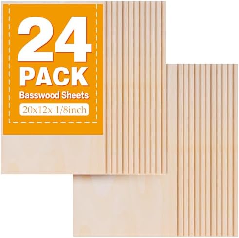 24Pack Basswood Sheets 20"x12"x1/8", 3mm Basswood for Laser Cutting, Thin Plywood Board Unfinished Wood for Crafts, DIY Architectural Models Making, Wood Engraving (24Pack-20x12inch)