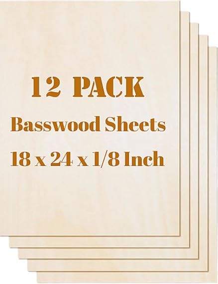 12 Pack Basswood Sheets Plywood Board 18 x 24 x 1/8 Inch- 3mm Thick Unfinished Wood Boards with Smooth Surfaces for Crafts, Laser Cutting and Engraving, CNC Cutting, DIY Architectural Models
