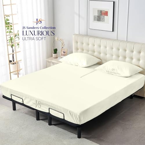 JS Sanders Collection 600TC Flex Top Queen Sheets for Sleep Number Bed - 100% Cotton 4 Pcs Top Split Queen Sheets for Adjustable Bed Queen 36 Inch Down Ivory -18 Inch Deep