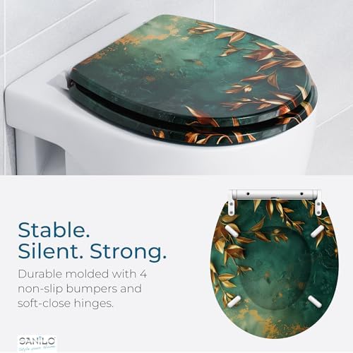 Sanilo Wooden Toilet Seat with Quick Release & Soft Close [ROUND] - Decorative & Slow Close Molded Wood Seat - With One Click for Easy Installation & Cleaning - With Adjustable Fit (Greego)