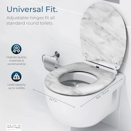 Sanilo Wooden Toilet Seat with Quick Release & Soft Close [ROUND] - Decorative & Slow Close Molded Wood Seat - With One Click for Easy Installation & Cleaning - With Adjustable Fit (Marble)
