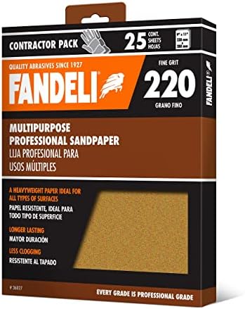 Fandeli 36027 220 Grit Multipurpose Sandpaper Sheets, 9" x 11", 25-Sheet