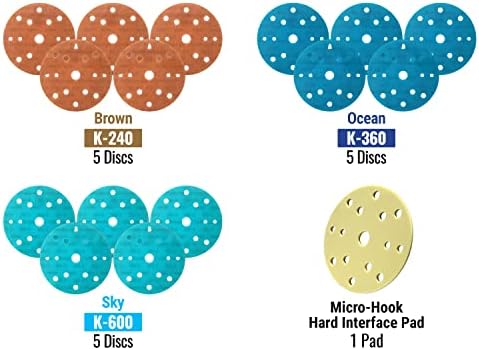 Super Assilex Flexible Sanding Disc Production Starter Kit, 15 Holes, SP19324, K240 - K600, 15 Discs + 1 Micro-Hook Interface Pad