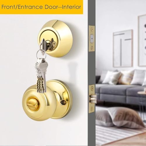 2 Pack Polished Brass Round Entry Door Knobs and Deadbolt Combination Set, Keyed Alike Double Cylinder Deadbolt Door Lock Set