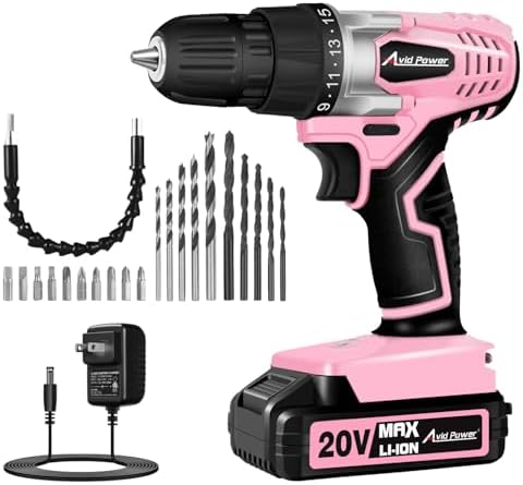 AVID POWER 20V Cordless Drill Set for Home DIY & Beginner Projects - Lightweight Power Drill with Battery Charger & 22 Bits, Variable Speed, 3/8" Keyless Chuck, Ideal for Furniture Assembly (Pink)