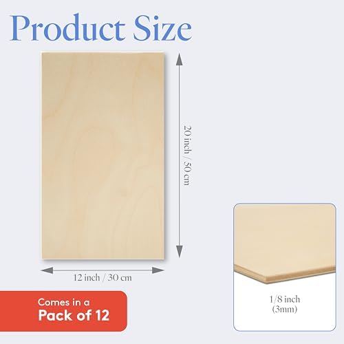 3 mm Baltic Birch Plywood 1/8 x 12 x 20 Inch, Box of 12 B/BB Grade Craft Wood, Stronger Than Basswood Sheets, for Laser, CNC Cutting and Wood Burning, by Woodpeckers