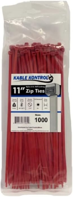 Kable Kontrol Cable Zip Ties, 11 Inch, 1000 Pcs, 50lbs Test, Red | Nylon Plastic, Self Locking, UL Listed, Indoor Use