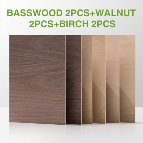 ROBOTIME 6-Pack Laser Wood Sheets 1/8" - 12 x 16 x 1/8 Inch - Basswood 2Pcs & Walnut 2Pcs & Birch 2Pcs - 3mm Plywood Sheets for Laser Cutting, Engraving & Wood Burning (Pyrography)