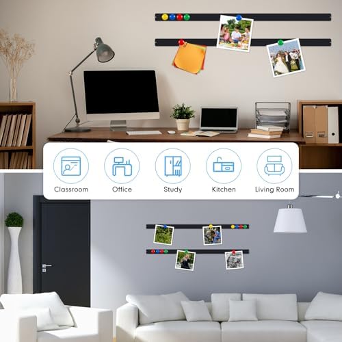 Mooliwe 2 Pcs 48" x 2" Frameless Magnetic Bulletin Board Strip for Wall Stainless Iron Metal Bulletin Bar Board Memo Strip with 16 Magnets 4 Nails 4 Wall Anchors for School Office Home (Black)
