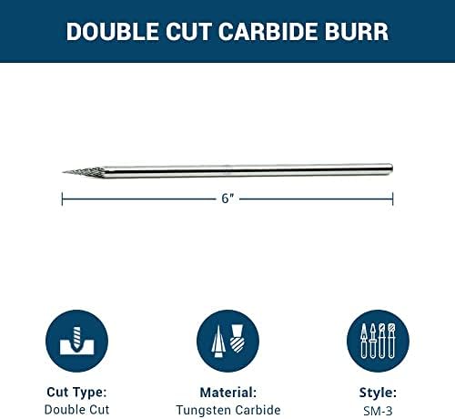 Benchmark Abrasives 6” Pointed Cone Shape Double Cut Tungsten Carbide Die Grinder Bits Metal Deburring Tool Rotary Burr, 1/4 Inch Shaft, Engraving Tool for Woodworking Shaping Carving (SM-3)