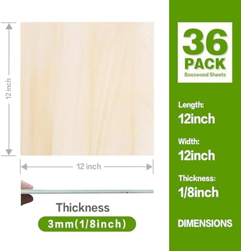 Basswood Sheets 12"x12"x1/8",3mm Basswood for Laser Cutting,Thin Plywood Board Unfinished Wood for Crafts, DIY Architectural Models Making, Wood Engraving (12inchx12inch-1/8-36Packs)