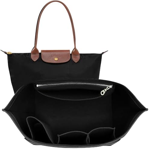 Doxo Purse Organizer Insert for Longchamp Le Pliage Tote, Large Bag Organizer with YKK Zipper Pocket & Cup Holder, Handbag Shaper for Women, Fits Original/Green/Energy L Tote, Black-WL
