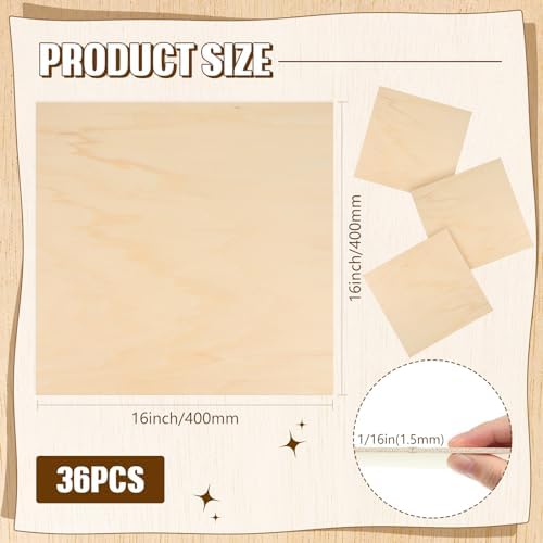 Riakrum Basswood Sheets Plywood Board Unfinished Wood Boards for Crafts for DIY Laser Projects Architectural Mini House Building Hobby Model Making(16 x 16 x 1/16 Inch,36)