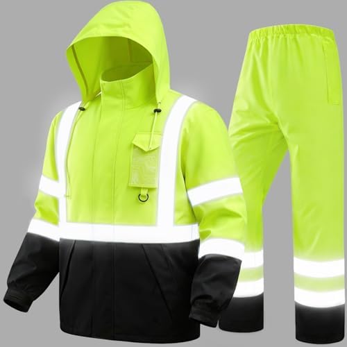 Hi Vis Class 3 Safety Rain Jacket for Men Waterproof, Reflective High Visibility Rain Gear Construction Rain Suit (Yellow-Black S/M)