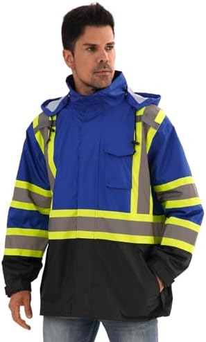 Reflective Rain jackets for men waterproof,Hi Vis Safety Coat With Reflective Strips，High Visibility Class 3 Rain jackets With 2 large pockets,Zipper,Blue,4XL/5XL