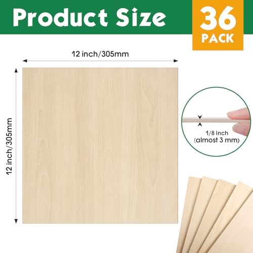 36 Pack 12x12 Basswood Sheets 1/8 Inch, Unfinished Wood for Crafts, Basswood for Laser Cutting & Engraving, Wood Burining, Basswood Plywood Sheets for Architectural Models.
