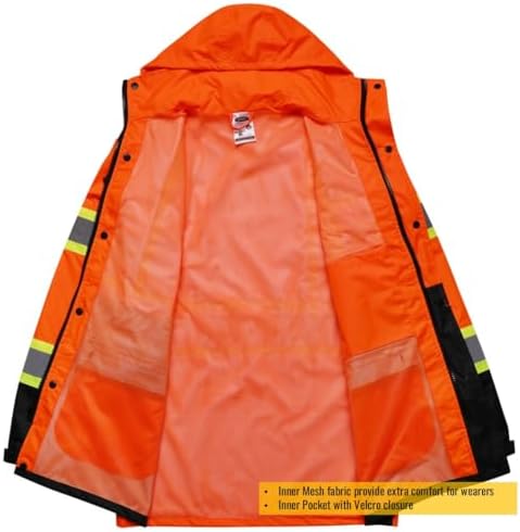JKSafety Hi Vis Rain Jacket for Men Women Class 3 Rain Gear OBlack 3XL