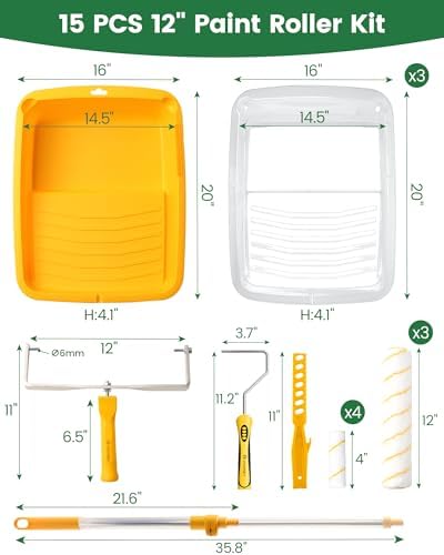 Voomey 12-Inch Paint Roller Kit with Extension Pole, 12” Paint Tray with Liners, Heavy Duty Roller Frame & Long Paint Rollers, Ideal for Walls, Interior & Exterior Painting