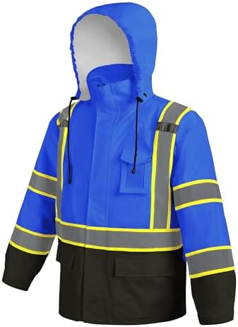 Hi Vis Safety Rain Jacket for Men Women Waterproof Breathable Rain Gears with Mesh Lining Black Bottom Lightweight Work Jacket Blue L/XL