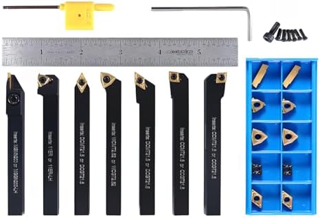Accusize Industrial Tools 7 Pieces/Set 3/8'' Indexable Carbide Turning Tool Set with 10 Extra Carbide Inserts in Fitted Box, 2387-2003plus