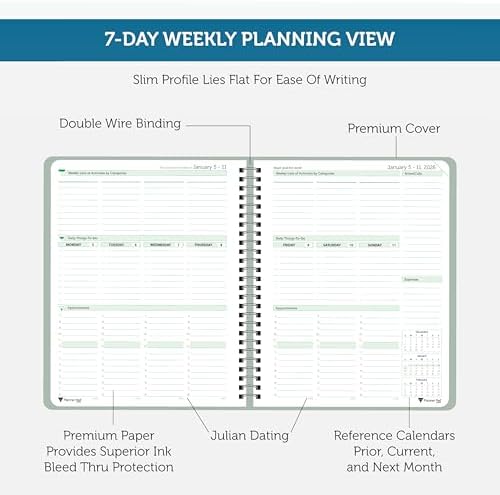 Planner Pad Spiral Bound January-December 2026/ Calendar Year 6 3/4" x 8 1/2" Medium 3-Tier Funnel Down 12 Month Organizer, Greenish Grey Cover/Soft Green Ink