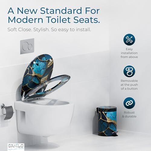 Sanilo Wooden Toilet Seat with Quick Release & Soft Close [ROUND] - Decorative & Slow Close Molded Wood Seat - With One Click for Easy Installation & Cleaning - With Adjustable Fit (Marble Cobalt)