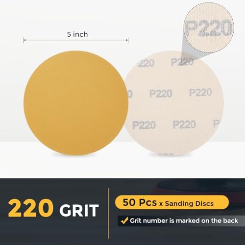 HARFINGTON 50 Pcs 5 Inch Sanding Discs 220 Grit Yellow Aluminum Oxide