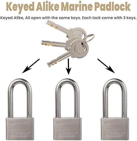 Unity Marine Padlock Keyed Alike 100% Stainless Steel Weatherproof for Sea, Boat, Port, Gate, Anti-Pick (5, 50mm Long Shackle)