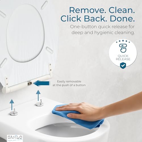 Sanilo Wooden Toilet Seat with Quick Release & Soft Close [ROUND] - Decorative & Slow Close Molded Wood Seat - With One Click for Easy Installation & Cleaning - With Adjustable Fit (White Wood)